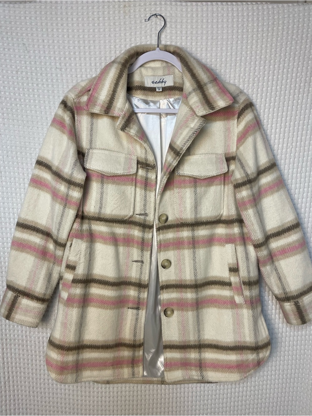 Sebby Women’s Cream Plaid Shacket Jacket Satin-Lined Long Sleeve Fleece XS